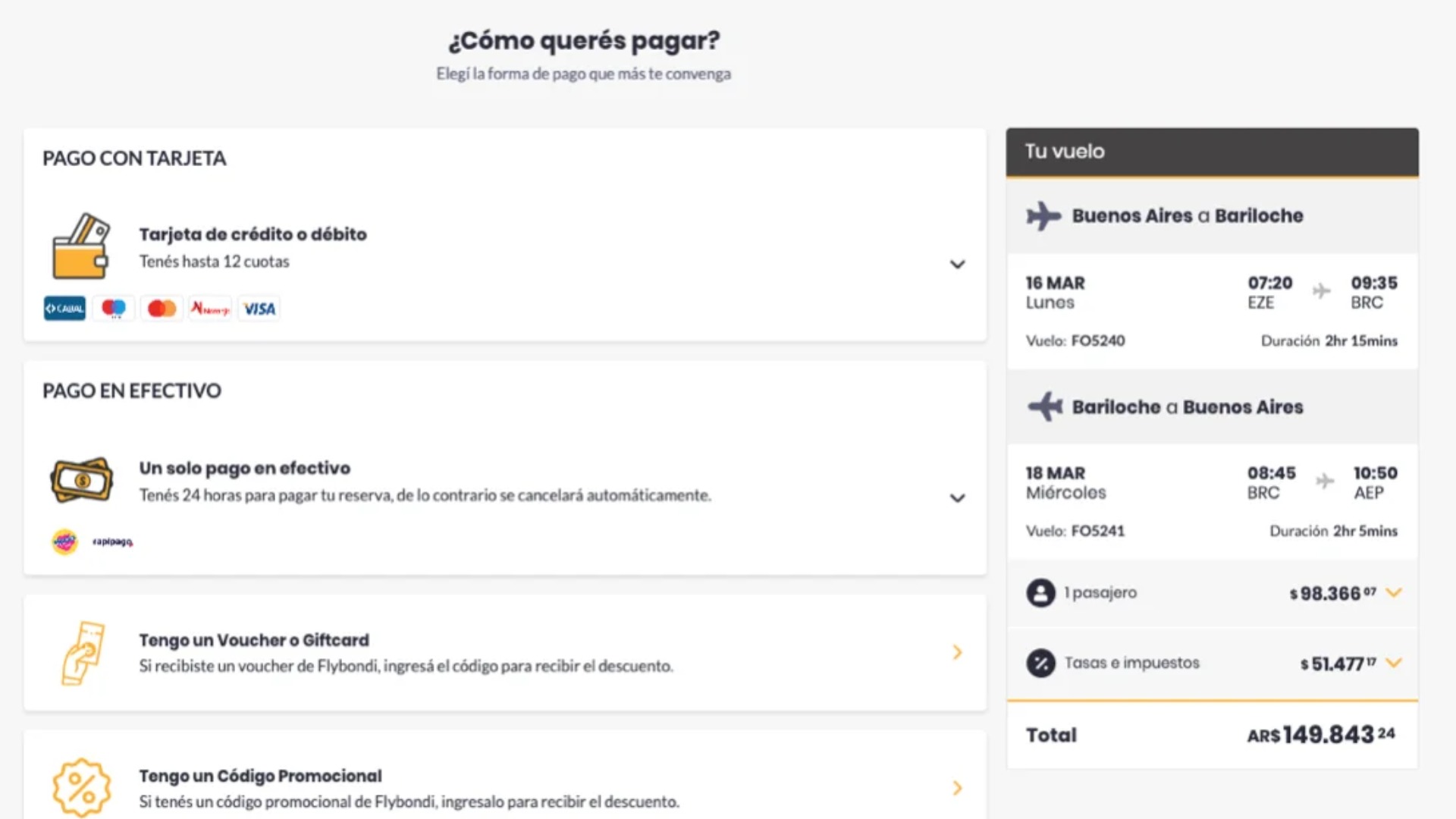 Situación anterior: las cuatro cards de pago y las pantallas de resumen