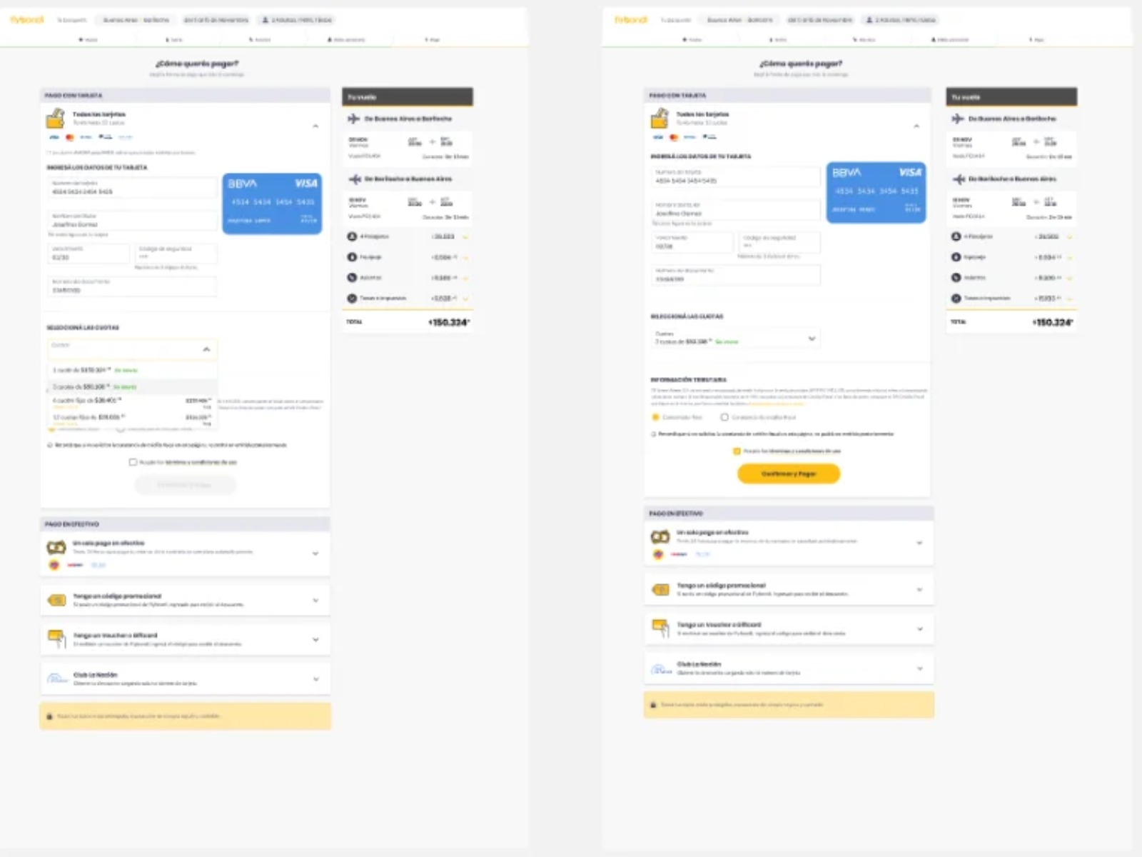 Modal de información de tarjetas y promociones