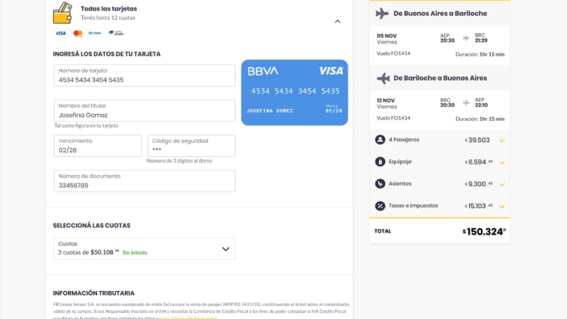 Pantallas finales: card con formulario desplegado y dropdown de cuotas